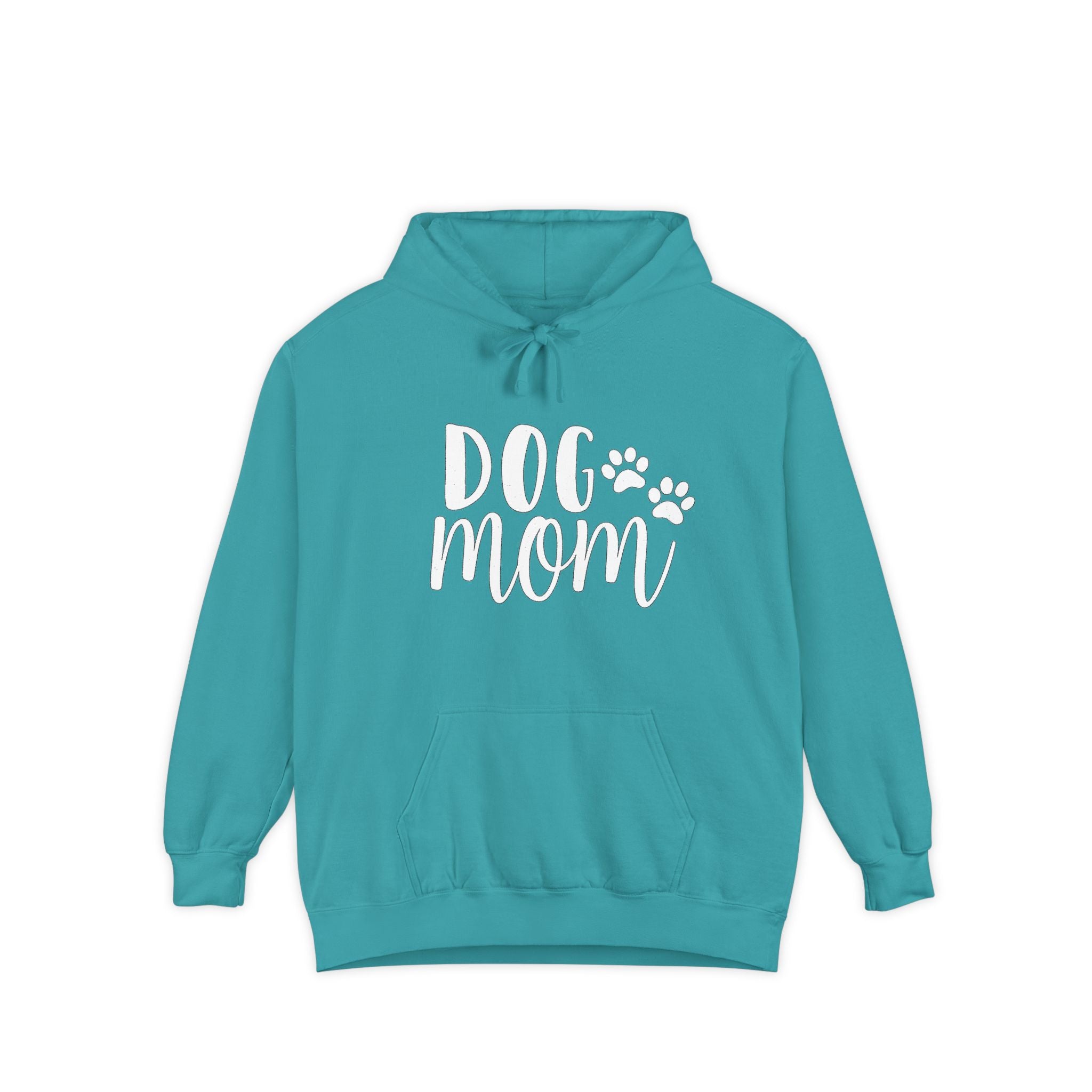 Dog Mom Hoodie — Cozy Garment-Dyed Pullover with Paw Print Script