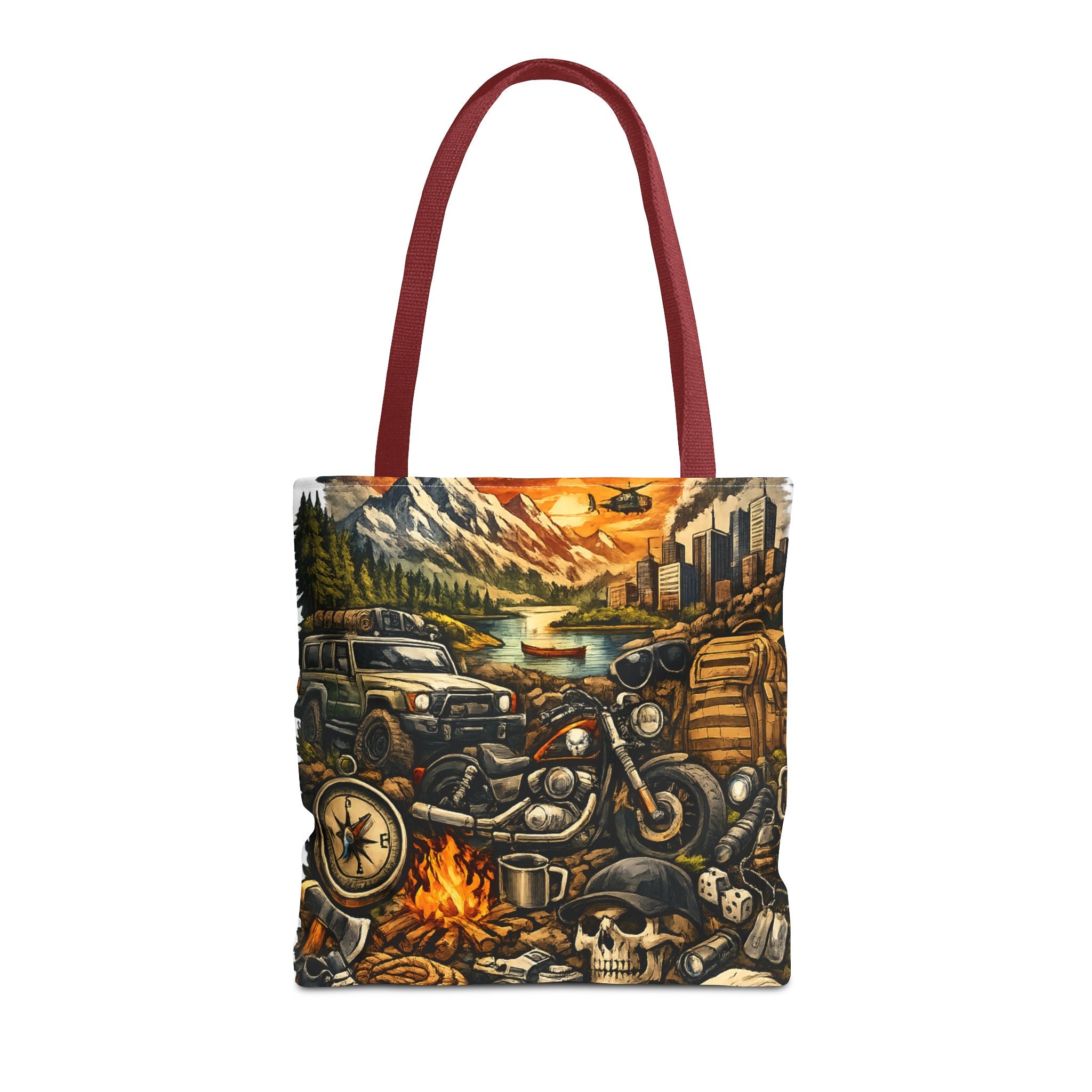 Adventure Motorcycle Tote Bag — Campfire Road Trip All-Over Print