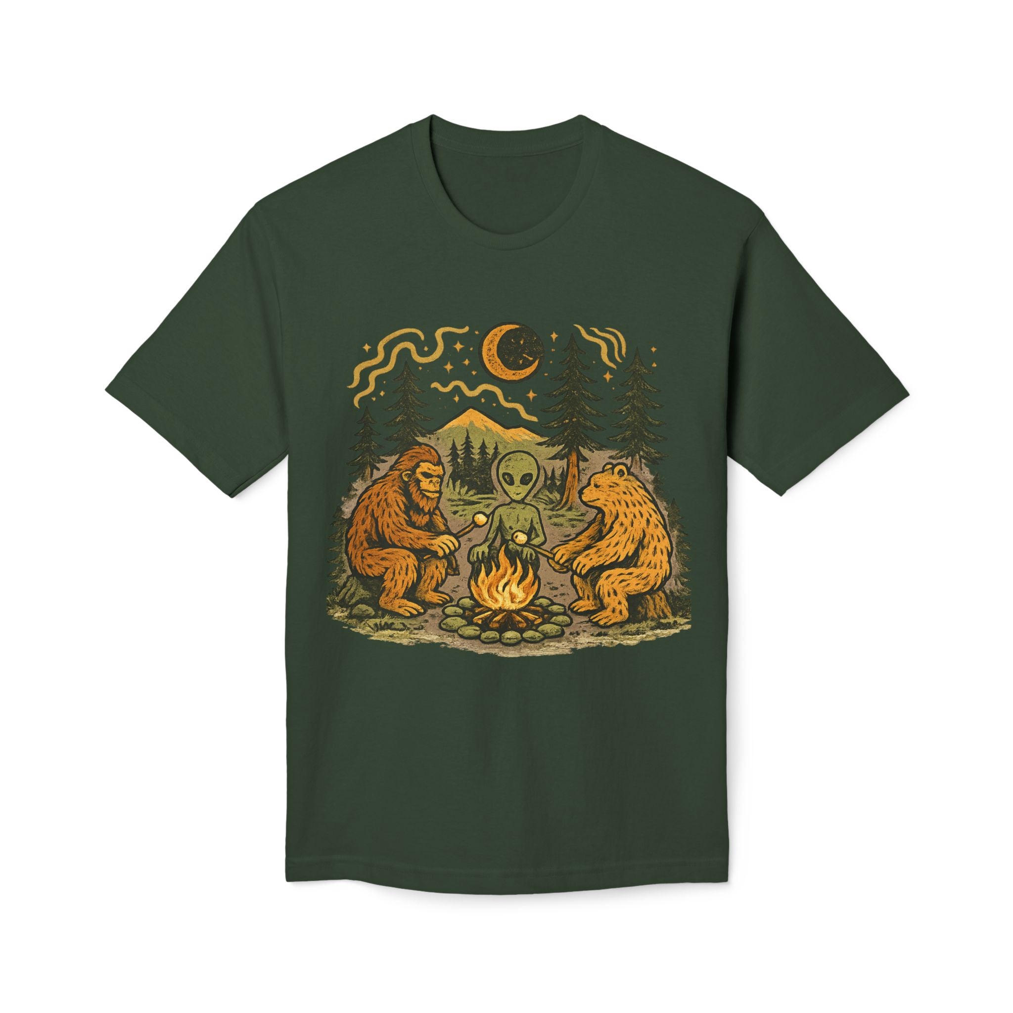 Alien Campfire Tee — Bigfoot & Bear Night Camp Graphic T-Shirt