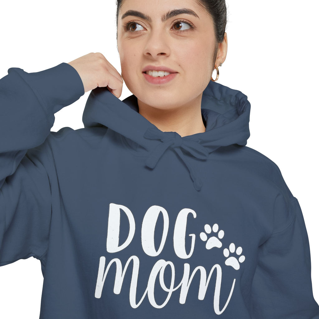 Dog Mom Hoodie — Cozy Garment-Dyed Pullover with Paw Print Script