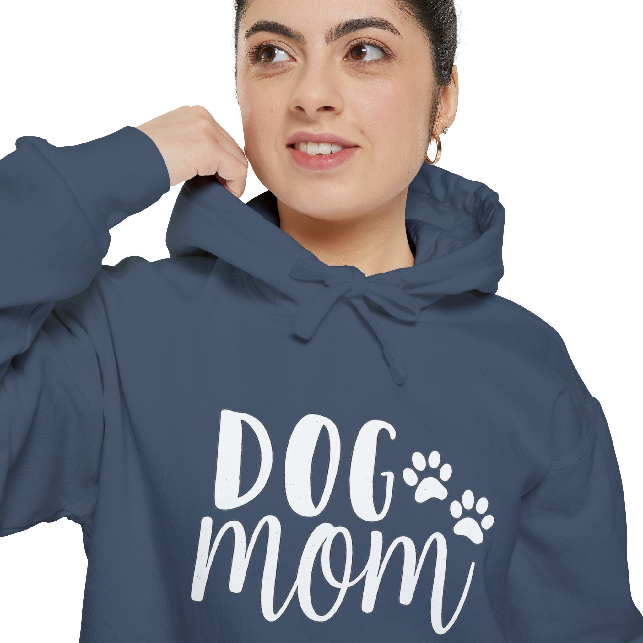 Dog Mom Hoodie — Cozy Garment-Dyed Pullover with Paw Print Script