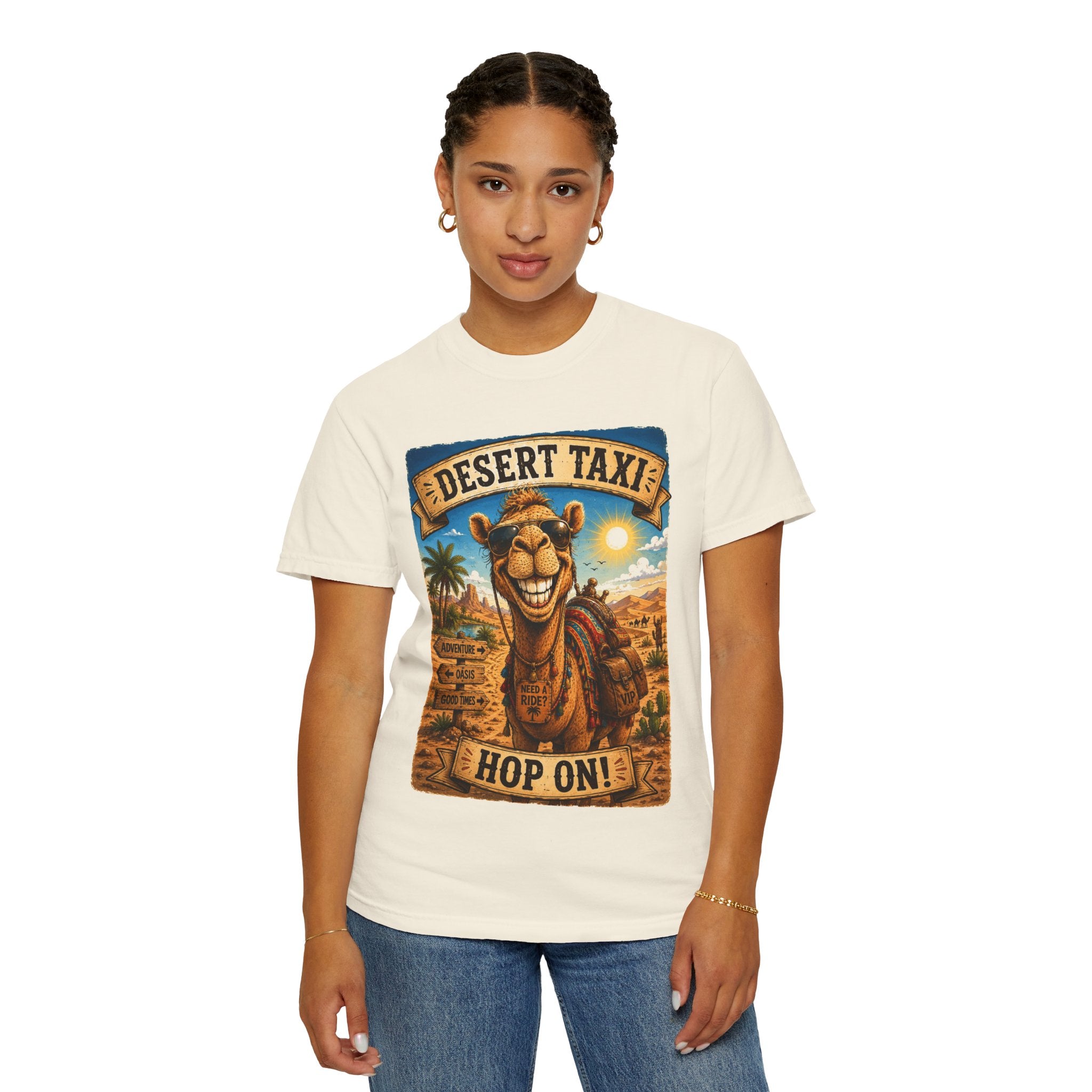 Desert Taxi Camel T-Shirt — 'Hop On!' Retro Desert Travel Tee
