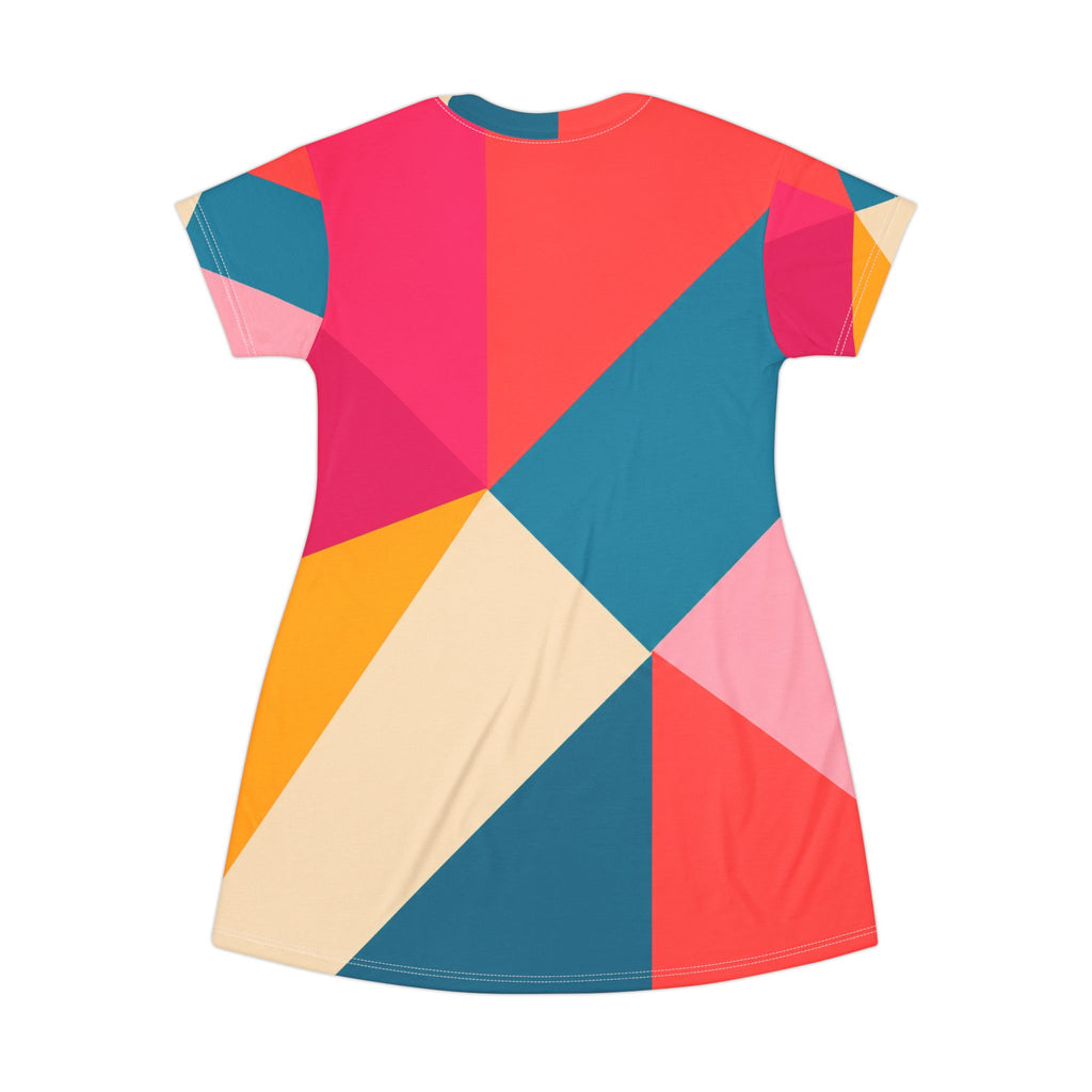 Geometric Colorblock T-Shirt Dress – Bright Abstract AOP