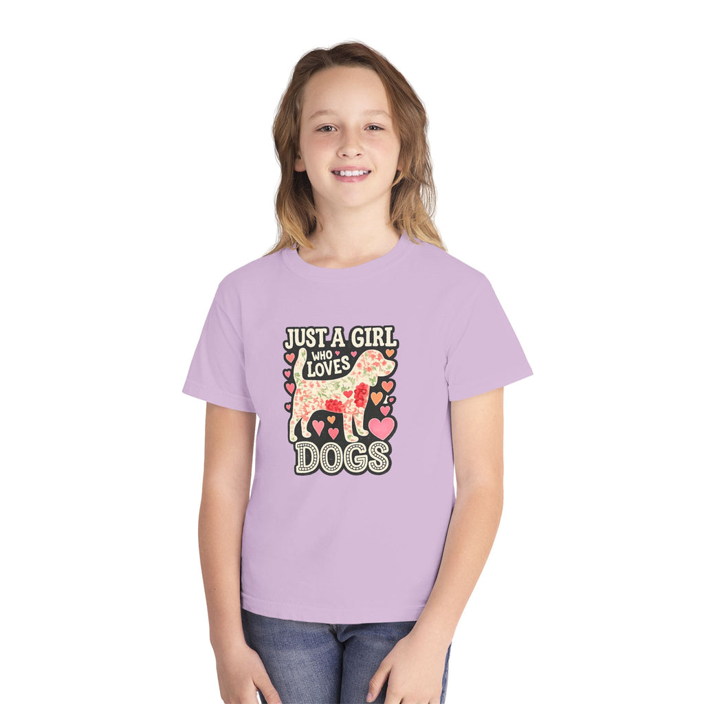 Youth Tee — "Just a Girl Who Loves Dogs" Cute Heart Dog Graphic