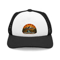 Adventure Dog Trucker Hat — Retro Mountain Sunset Foam Cap
