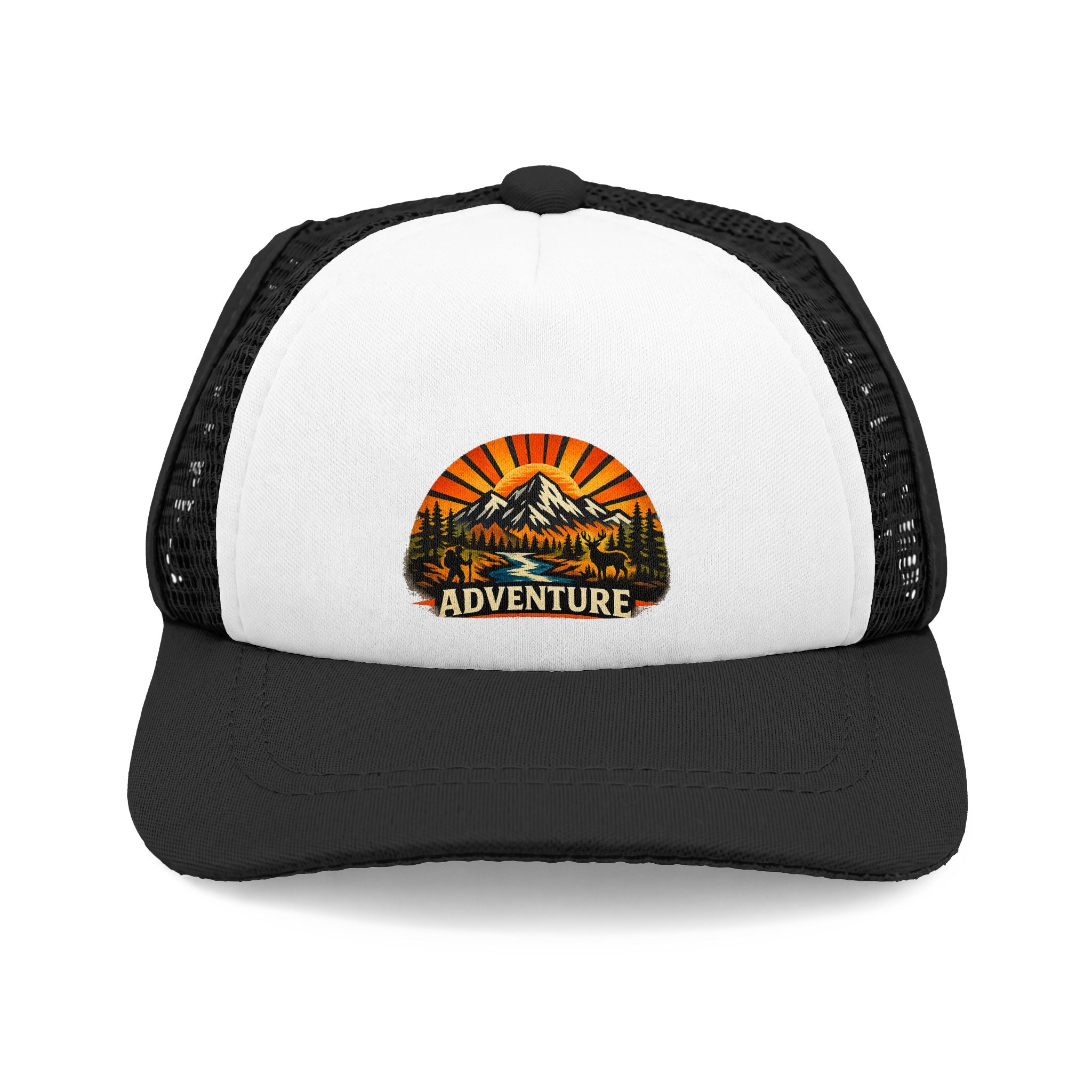 Adventure Dog Trucker Hat — Retro Mountain Sunset Foam Cap