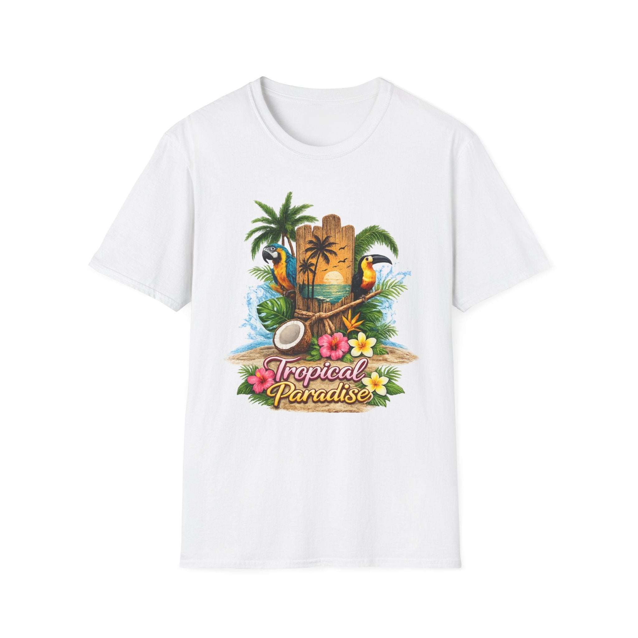 T-Shirt — Tropical Paradise Parrots Beach Graphic Tee