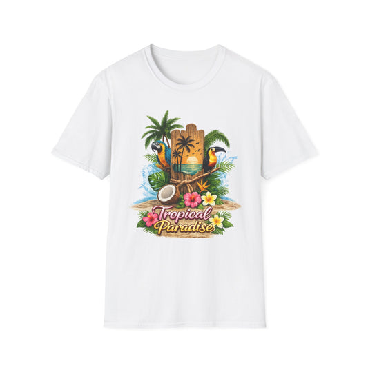 T-Shirt — Tropical Paradise Parrots Beach Graphic Tee