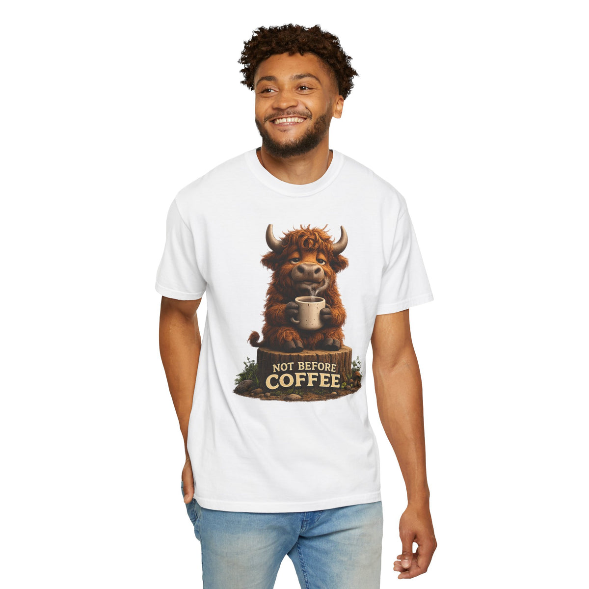 T-Shirt — Cute Highland Cow 'Not Before Coffee' Graphic Tee