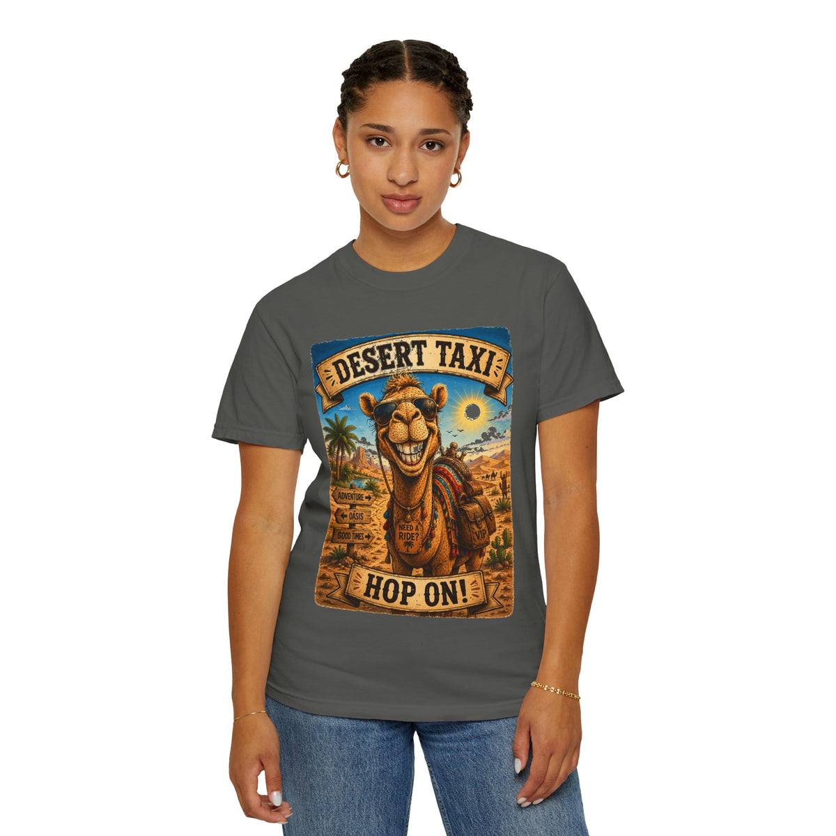 Desert Taxi Camel T-Shirt — 'Hop On!' Retro Desert Travel Tee