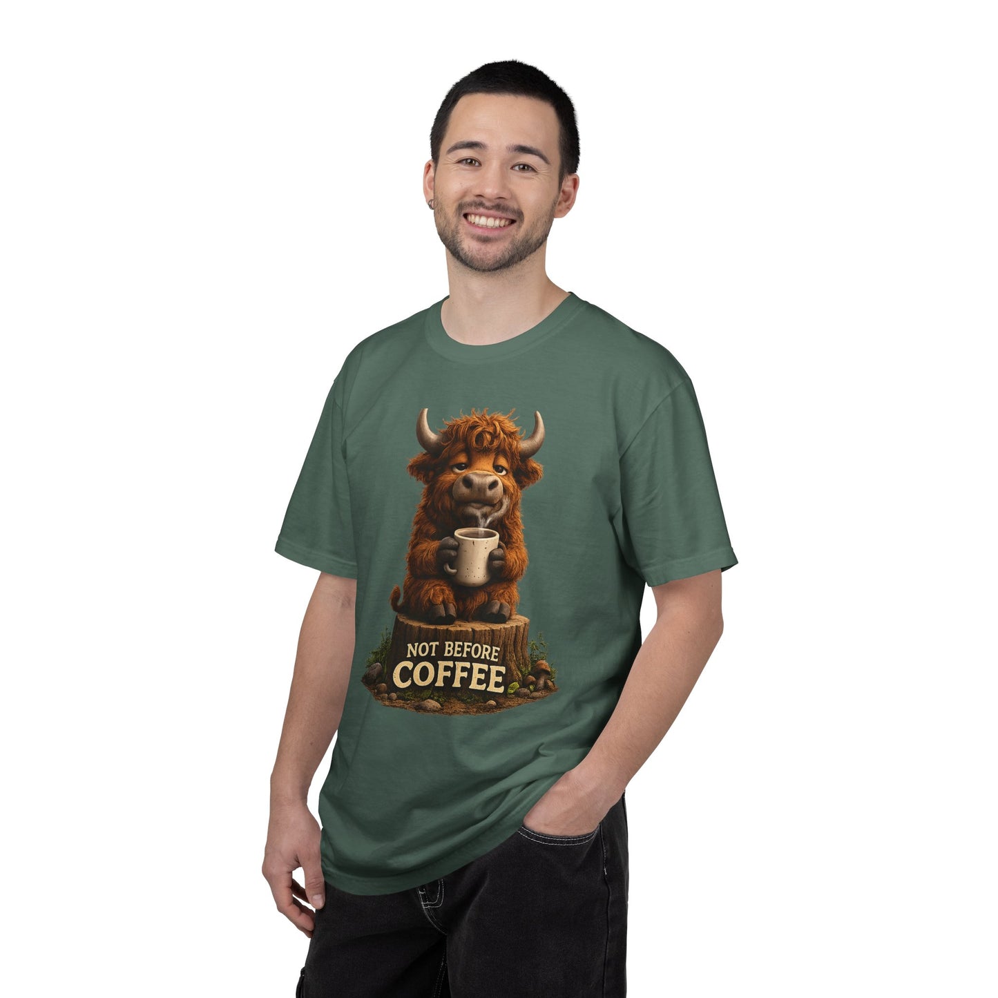T-Shirt — Cute Highland Cow 'Not Before Coffee' Graphic Tee