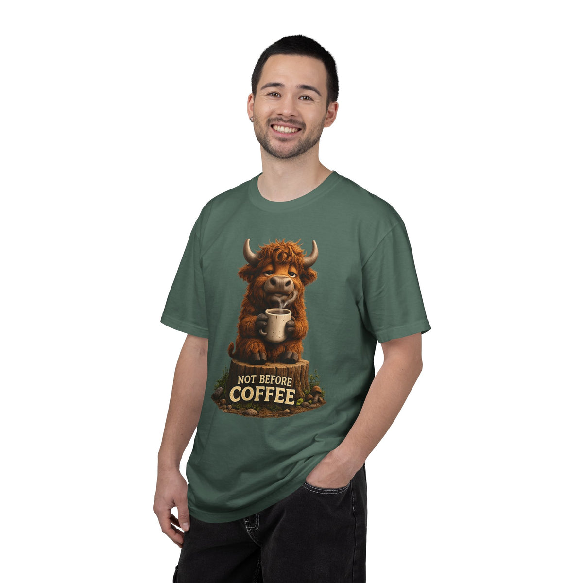 T-Shirt — Cute Highland Cow 'Not Before Coffee' Graphic Tee