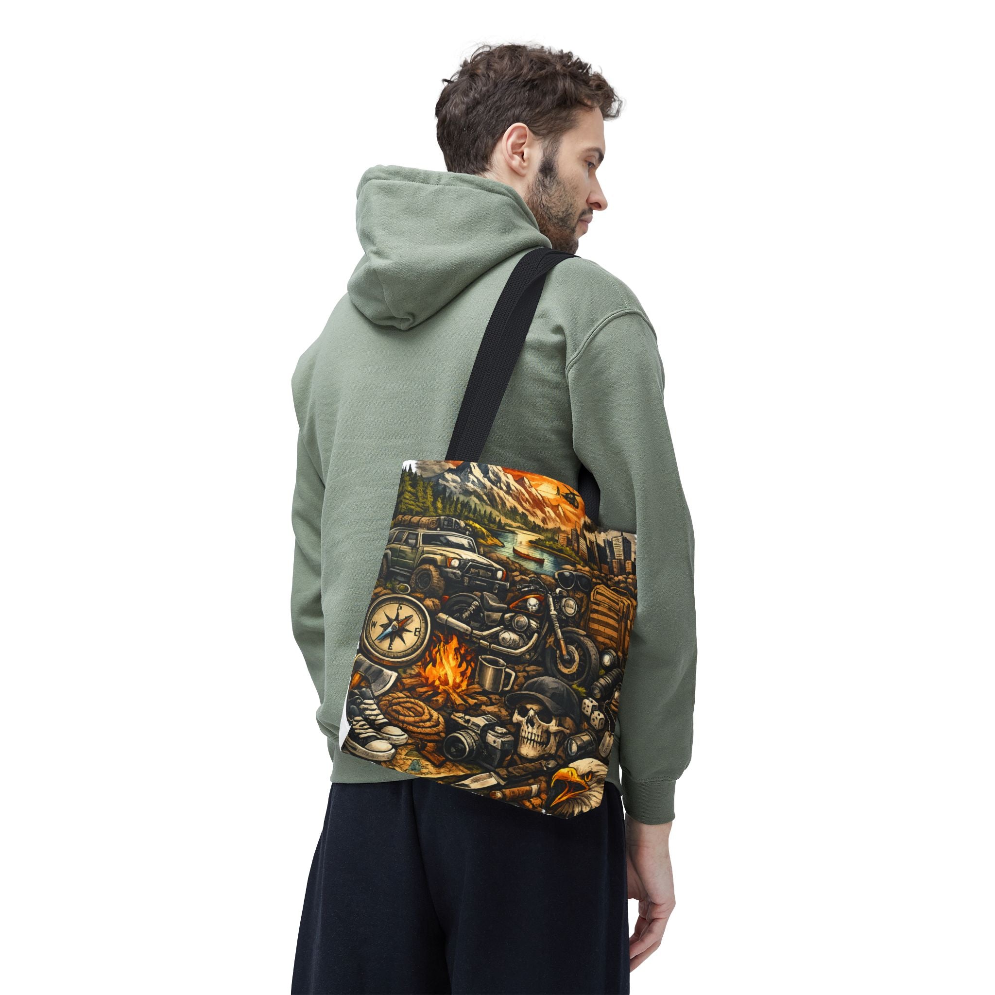 Adventure Motorcycle Tote Bag — Campfire Road Trip All-Over Print