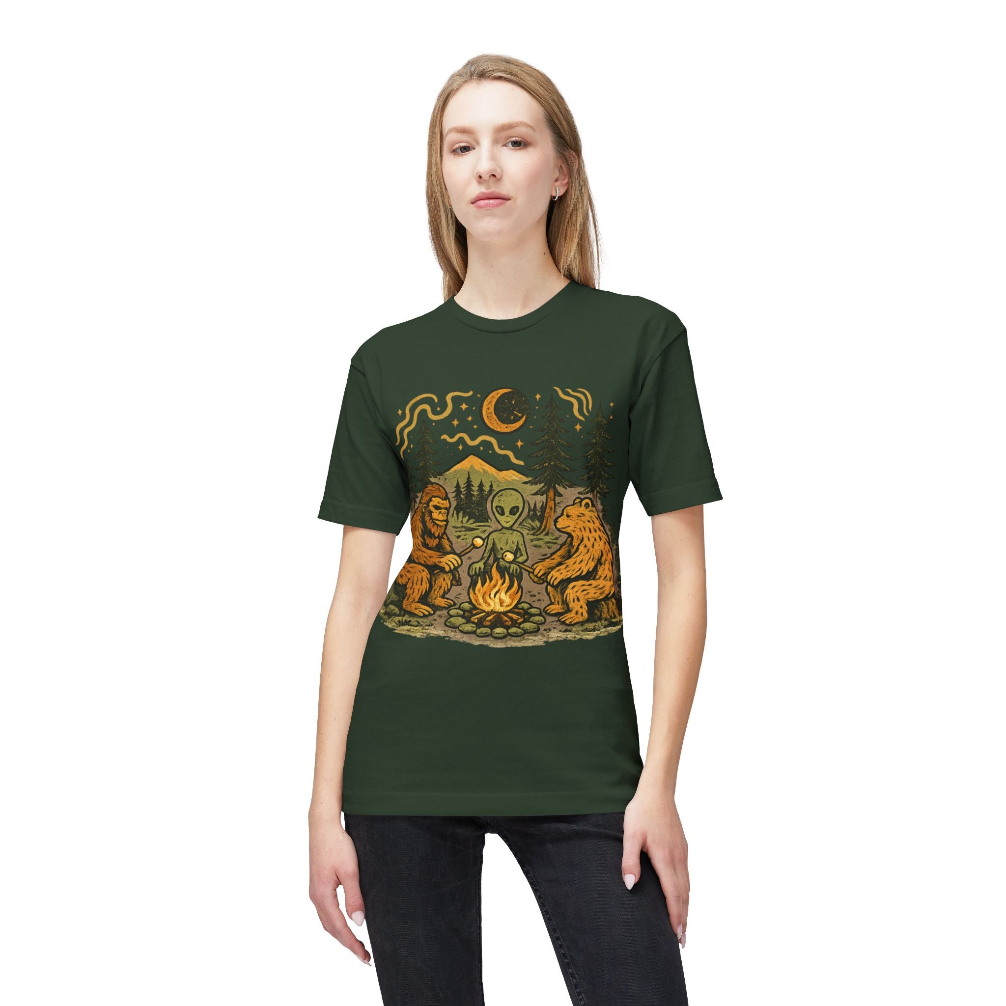 Alien Campfire Tee — Bigfoot & Bear Night Camp Graphic T-Shirt