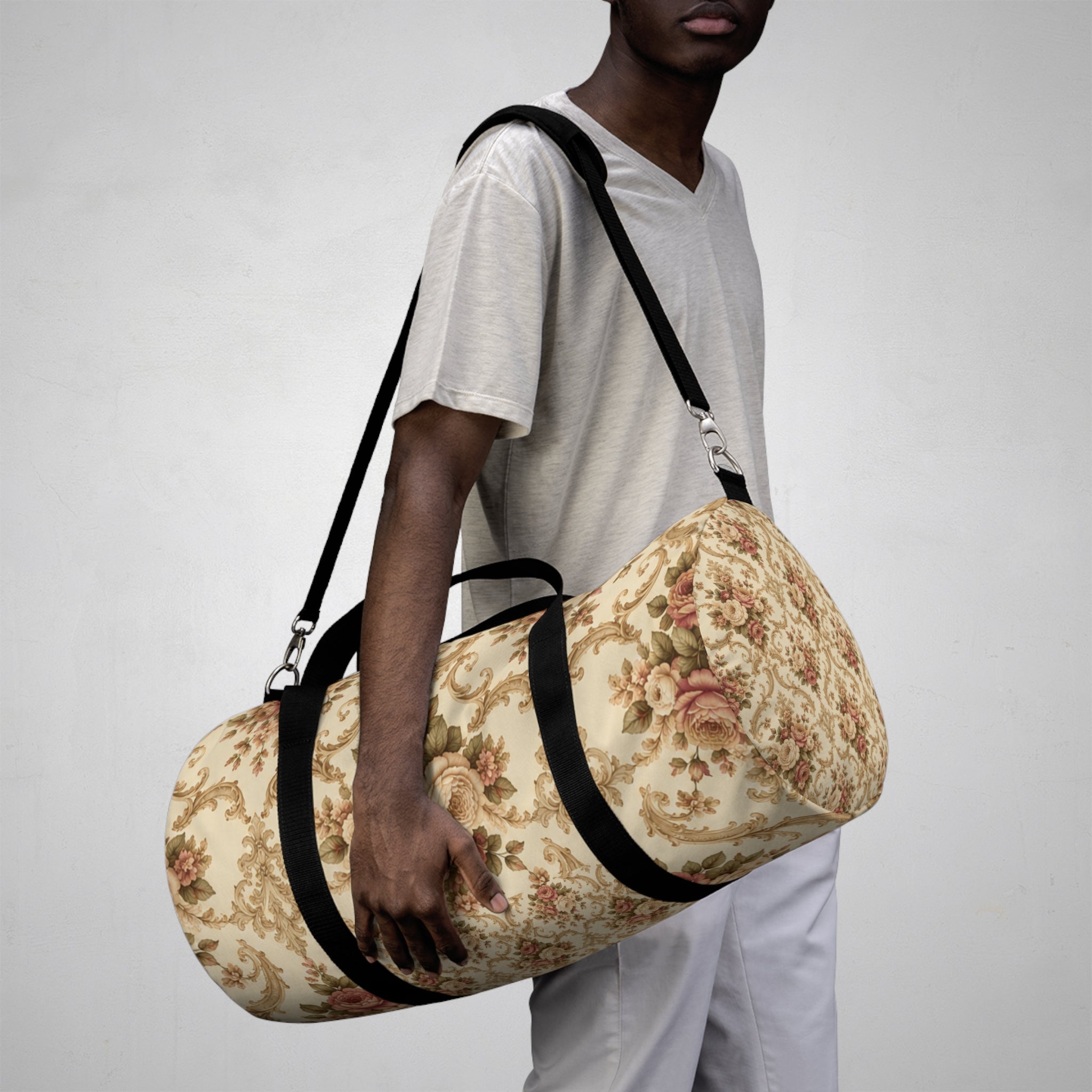 Vintage Floral Duffel Bag — Cream Rose Travel Gym Bag