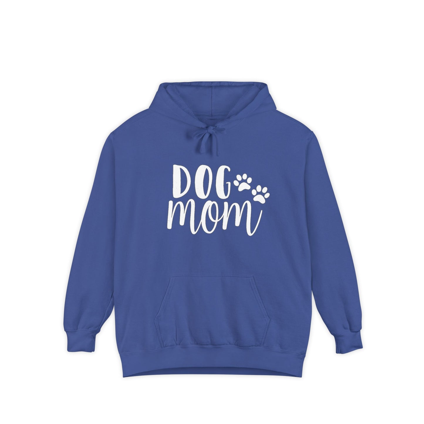 Dog Mom Hoodie — Cozy Garment-Dyed Pullover with Paw Print Script