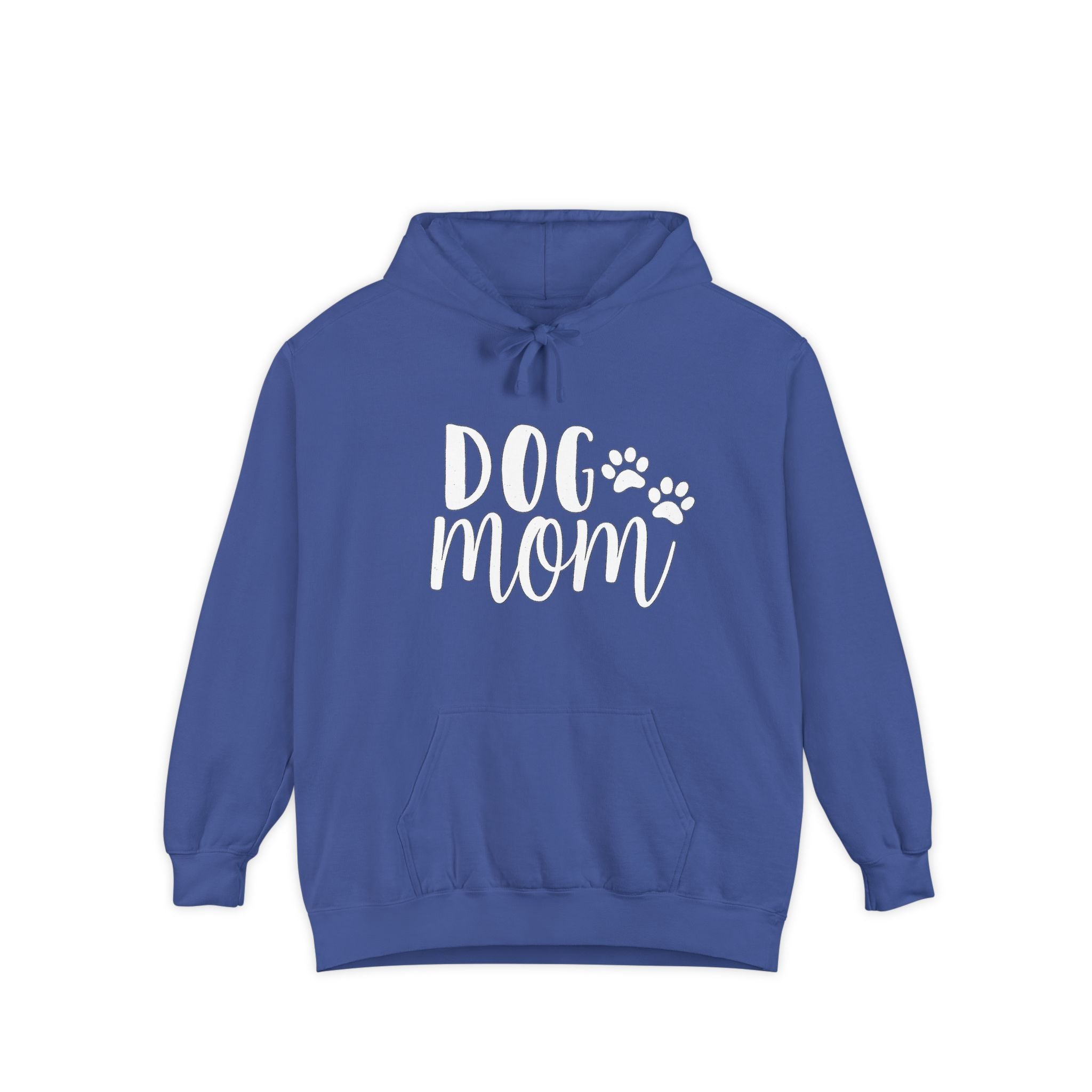 Dog Mom Hoodie — Cozy Garment-Dyed Pullover with Paw Print Script