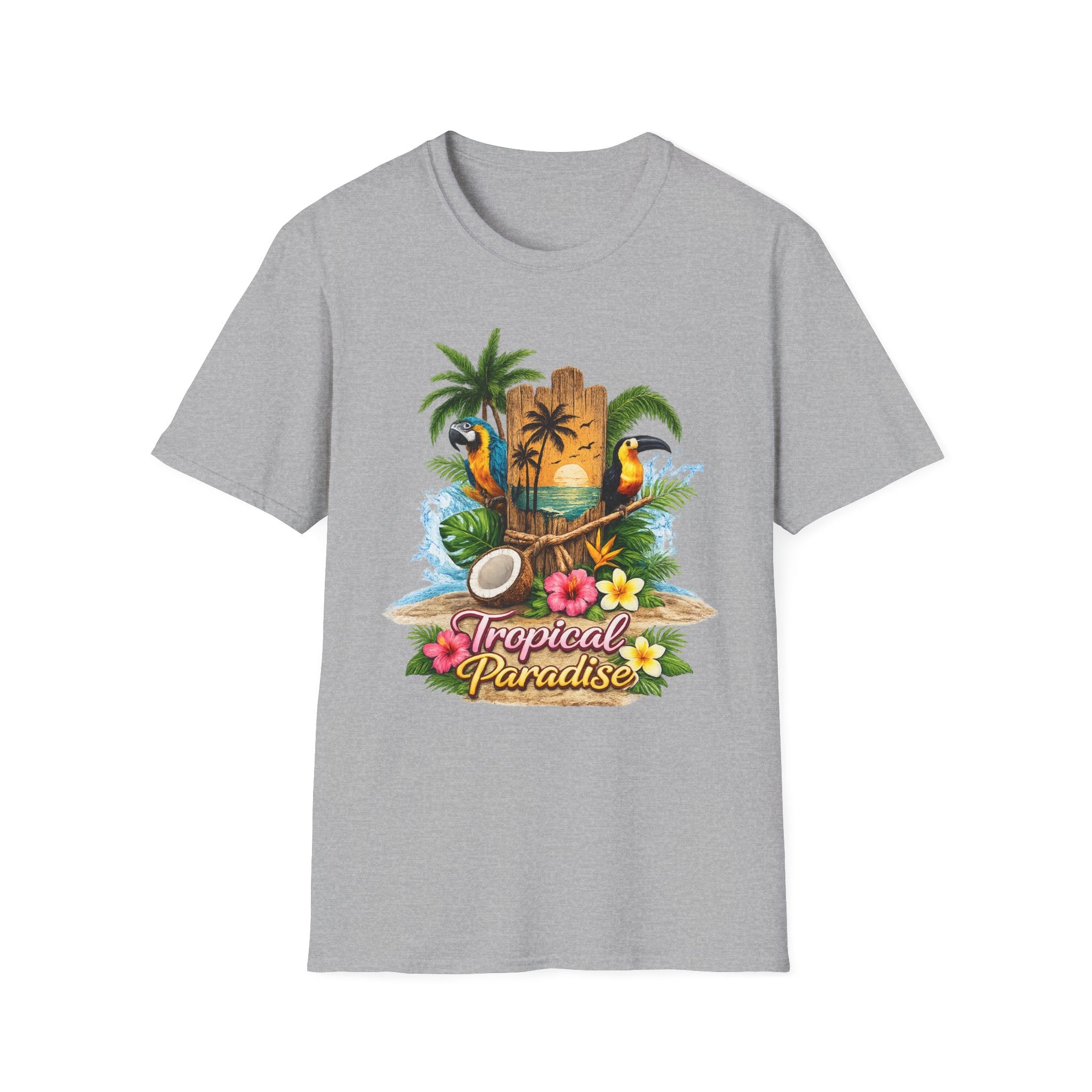 T-Shirt — Tropical Paradise Parrots Beach Graphic Tee