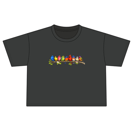 Colorful Songbirds Boxy Tee — Women's Bird Graphic Shirt