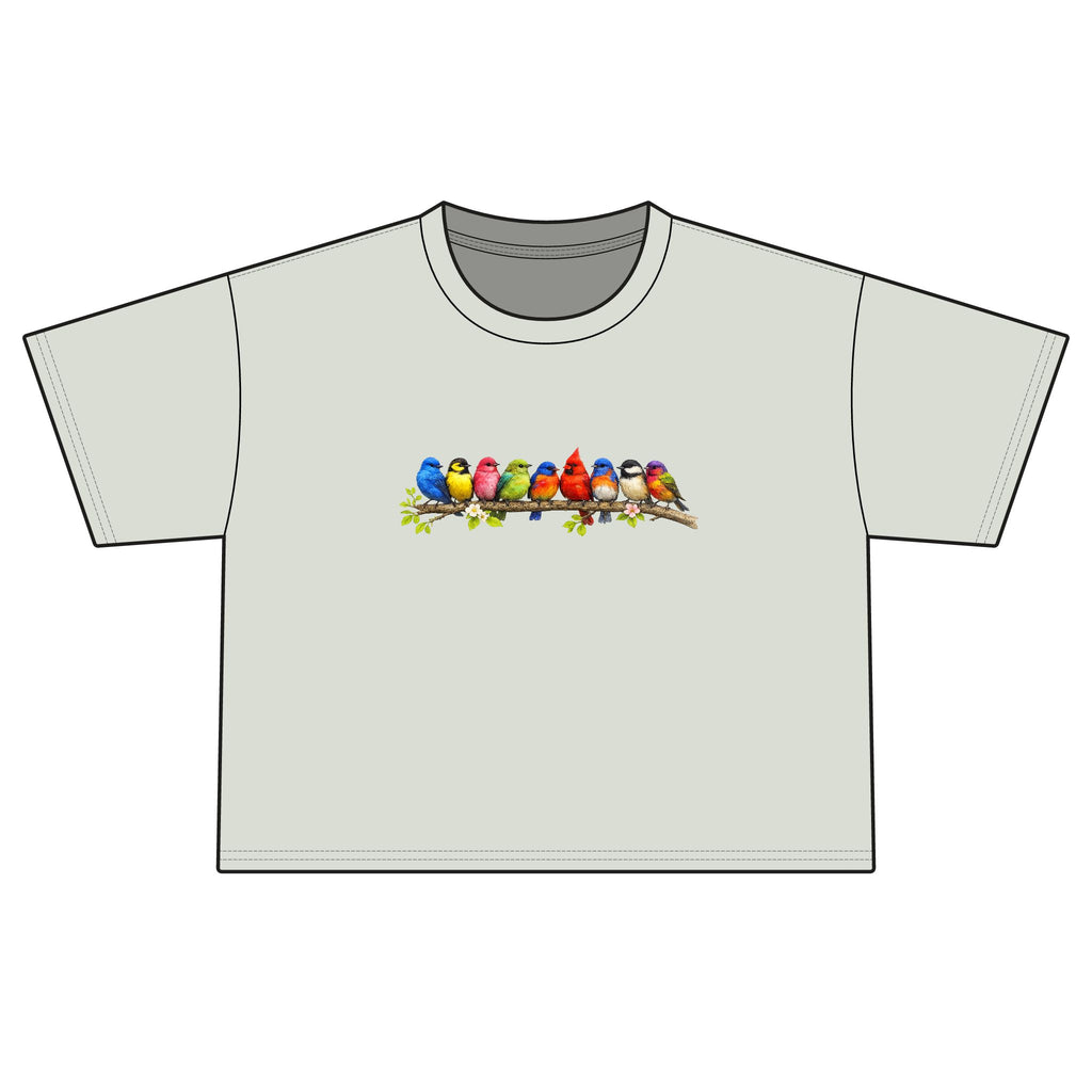 Colorful Songbirds Boxy Tee — Women's Bird Graphic Shirt