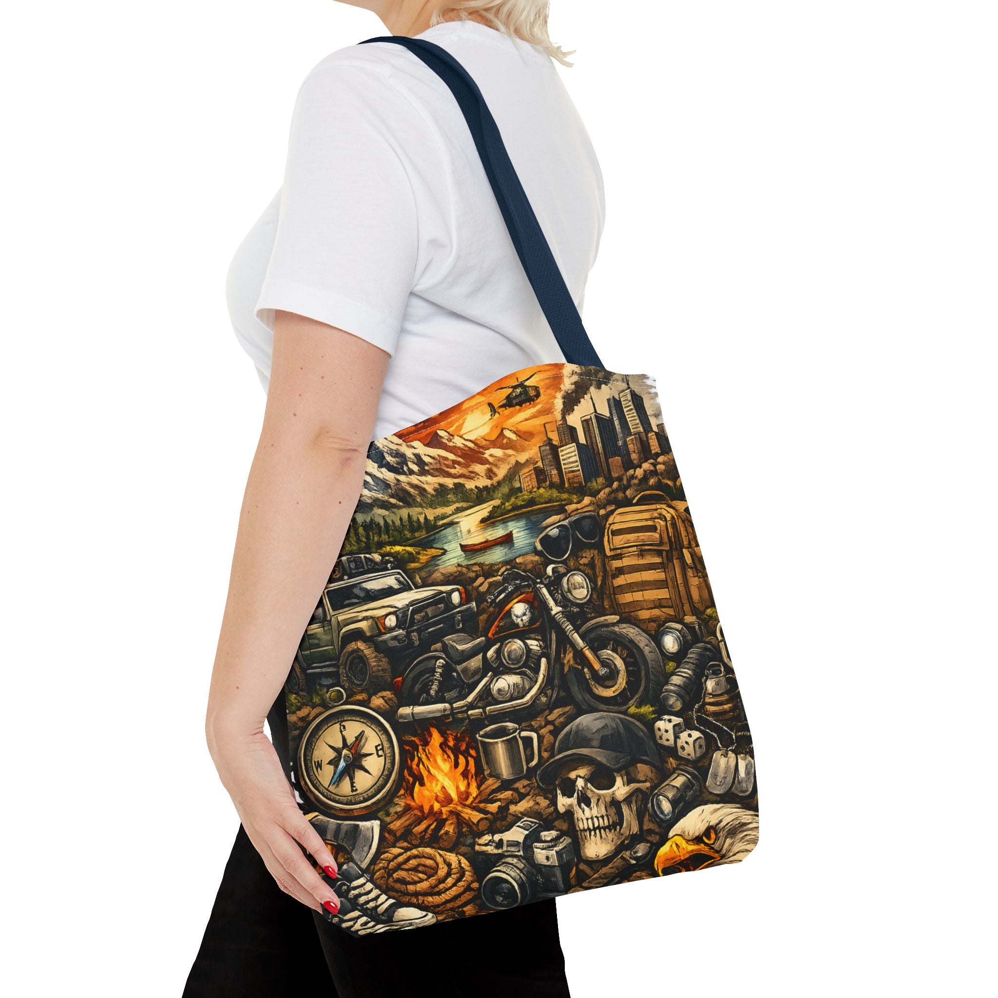 Adventure Motorcycle Tote Bag — Campfire Road Trip All-Over Print
