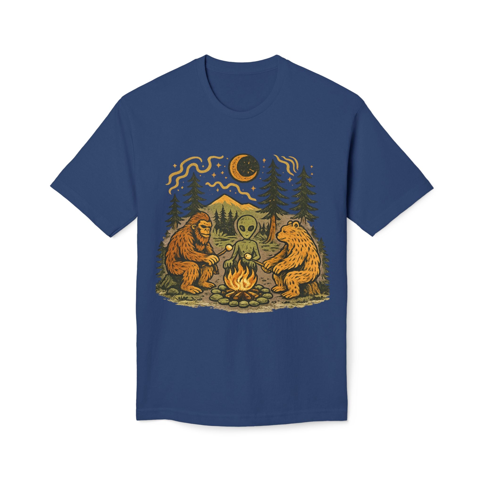 Alien Campfire Tee — Bigfoot & Bear Night Camp Graphic T-Shirt