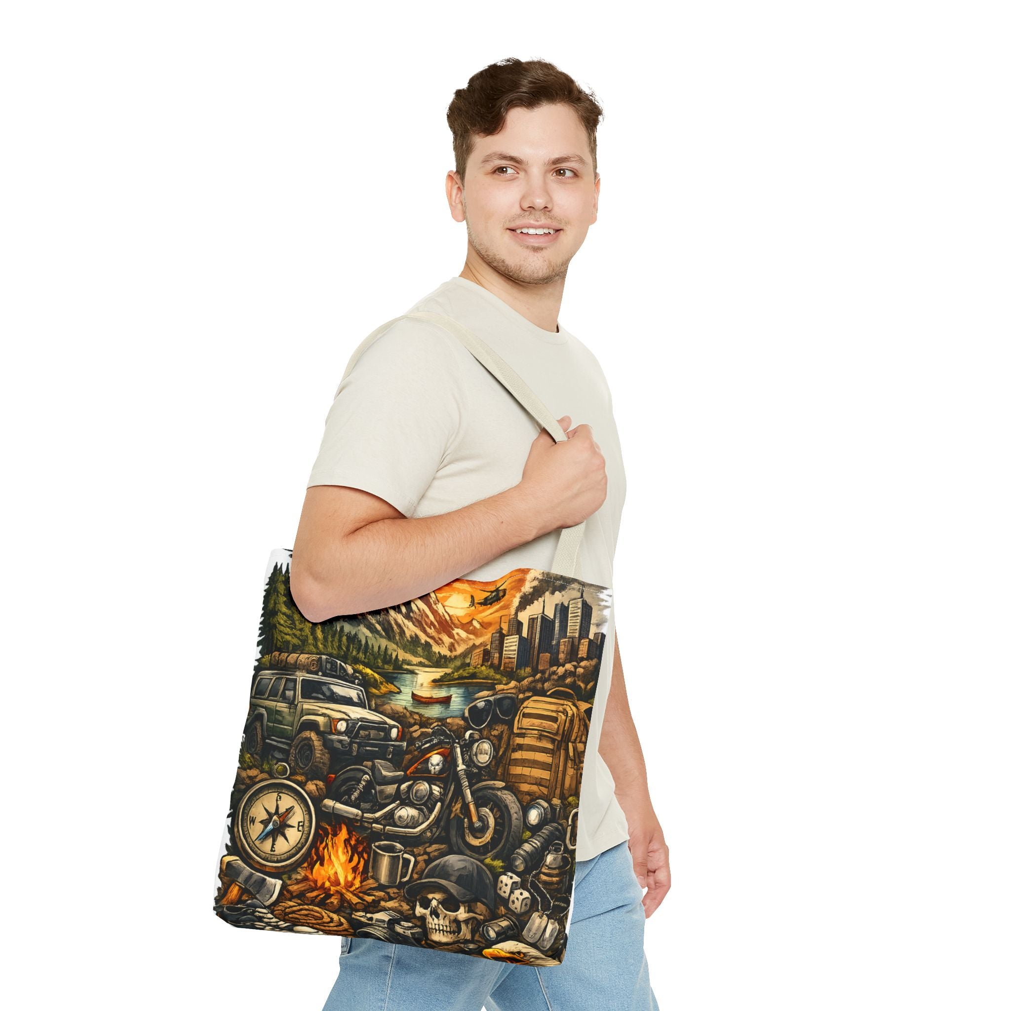 Adventure Motorcycle Tote Bag — Campfire Road Trip All-Over Print
