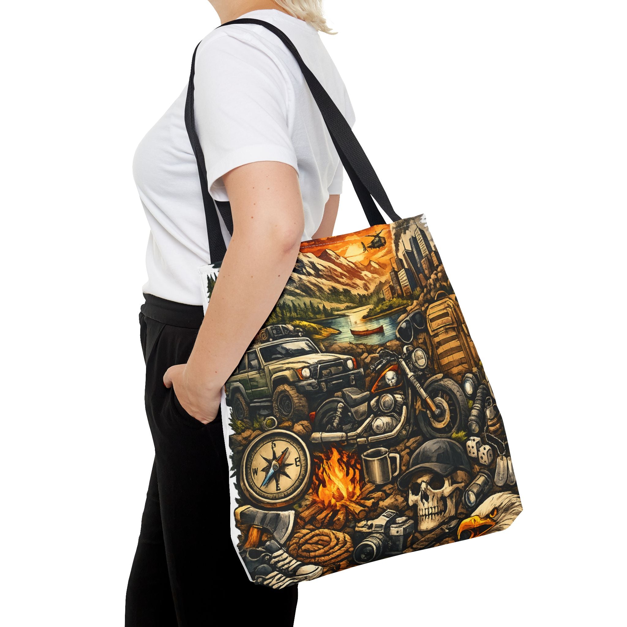 Adventure Motorcycle Tote Bag — Campfire Road Trip All-Over Print