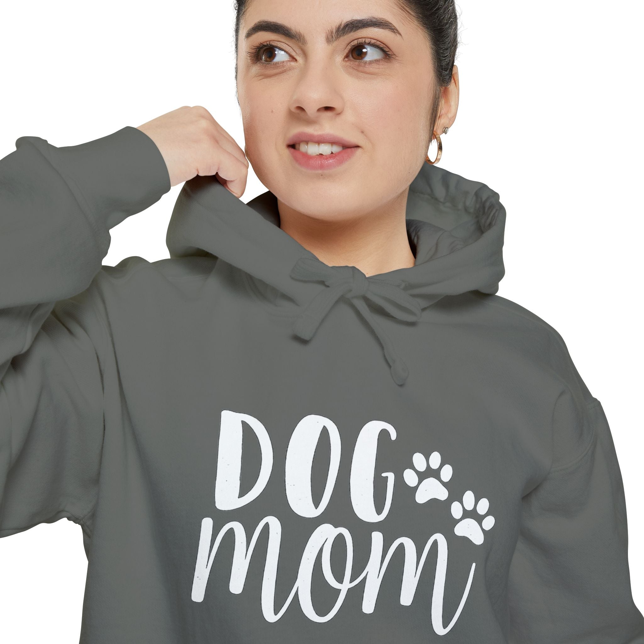 Dog Mom Hoodie — Cozy Garment-Dyed Pullover with Paw Print Script