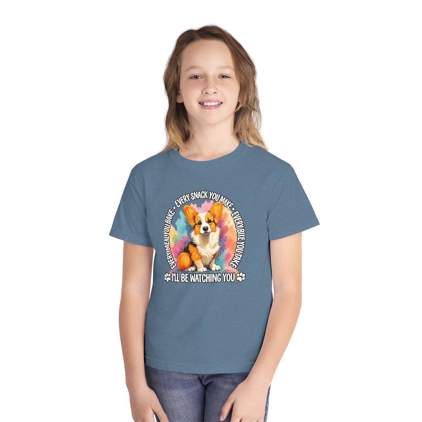 Corgi Snack Watch Youth Tee — "I'll Be Watching You" Cute Dog Graphic Shirt