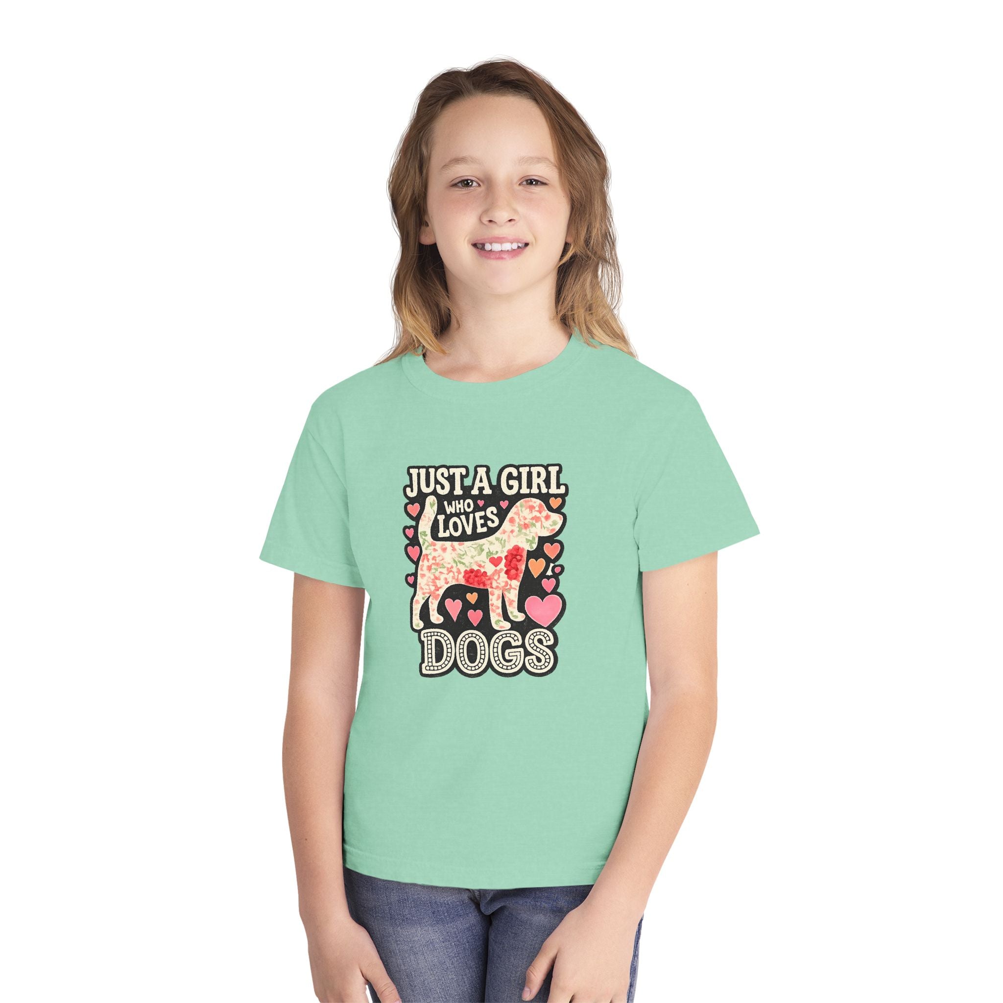 Youth Tee — "Just a Girl Who Loves Dogs" Cute Heart Dog Graphic