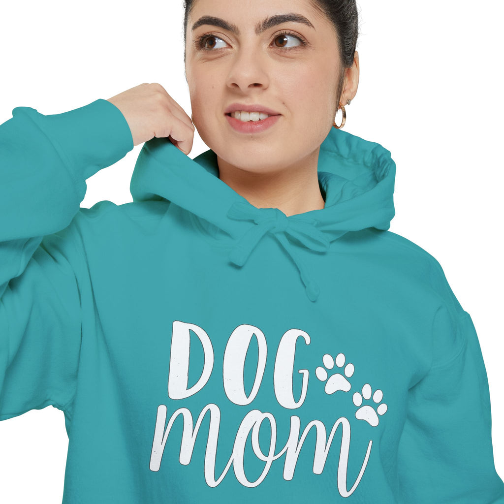 Dog Mom Hoodie — Cozy Garment-Dyed Pullover with Paw Print Script