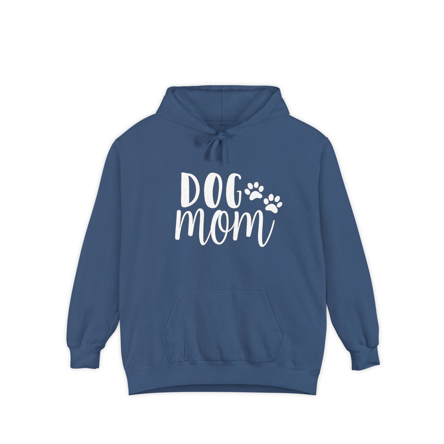Dog Mom Hoodie — Cozy Garment-Dyed Pullover with Paw Print Script
