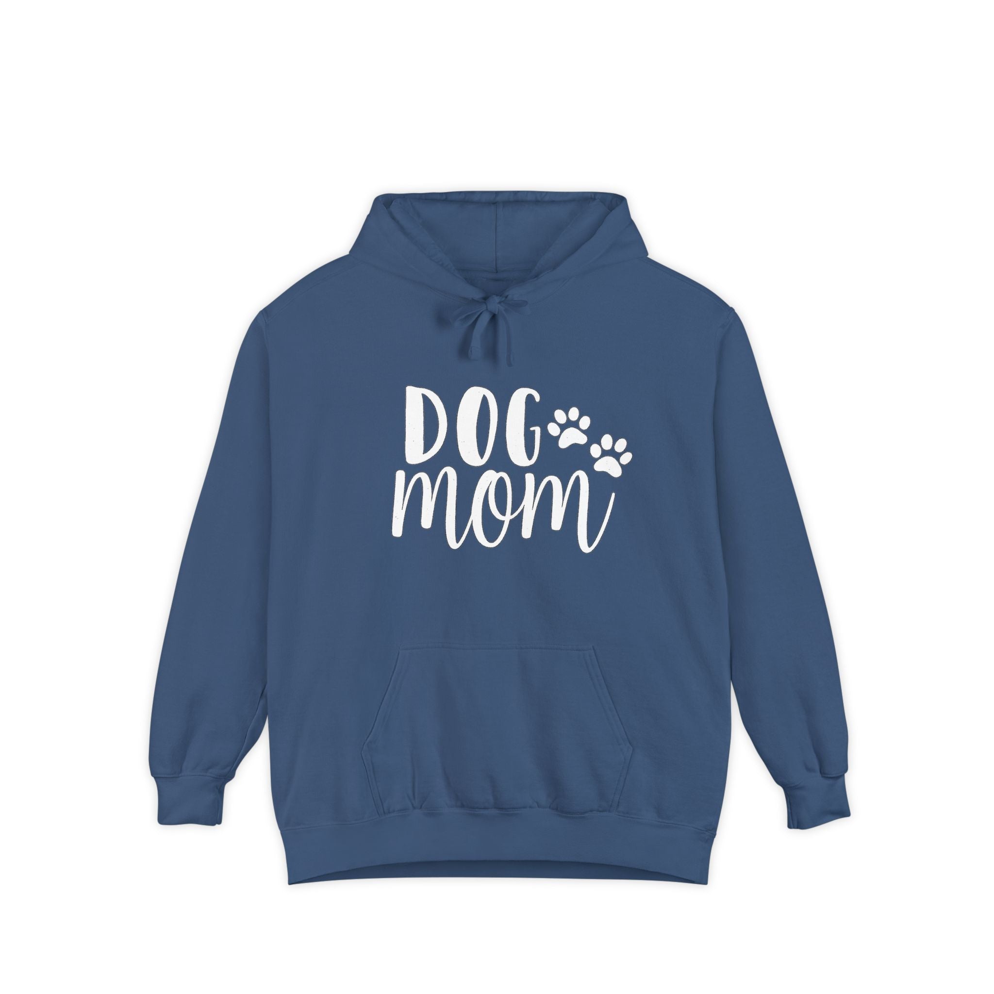 Dog Mom Hoodie — Cozy Garment-Dyed Pullover with Paw Print Script