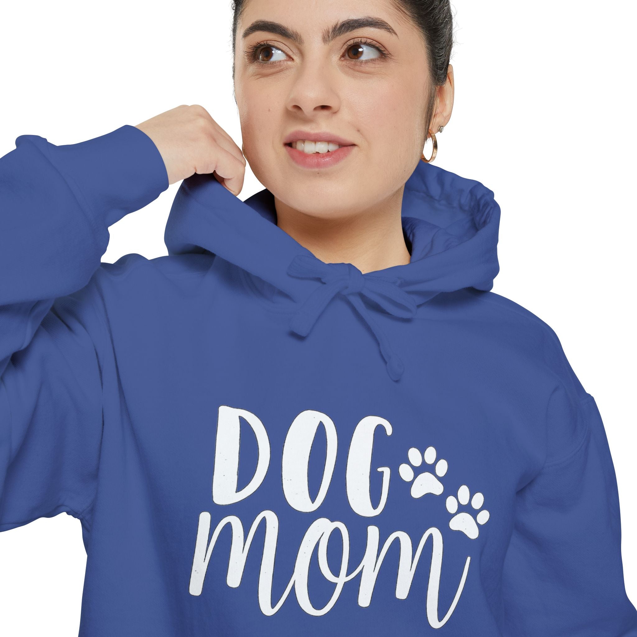 Dog Mom Hoodie — Cozy Garment-Dyed Pullover with Paw Print Script