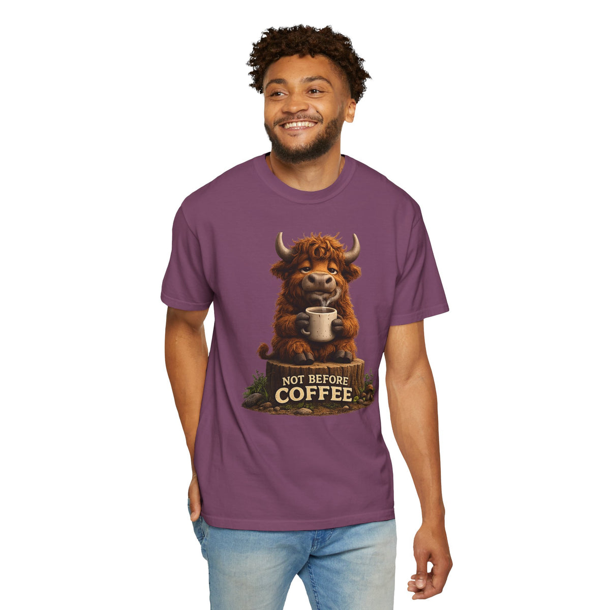 T-Shirt — Cute Highland Cow 'Not Before Coffee' Graphic Tee