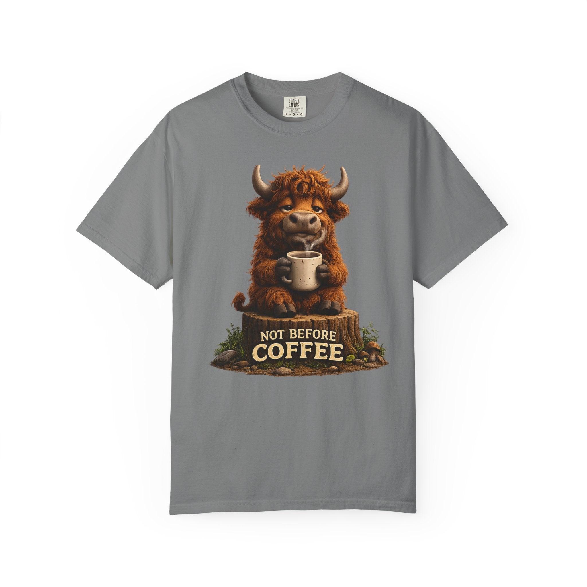 T-Shirt — Cute Highland Cow 'Not Before Coffee' Graphic Tee