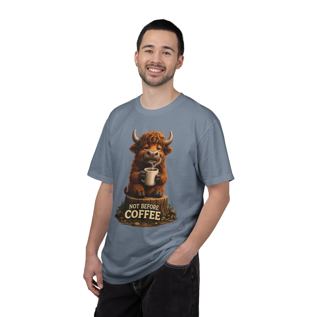 T-Shirt — Cute Highland Cow 'Not Before Coffee' Graphic Tee