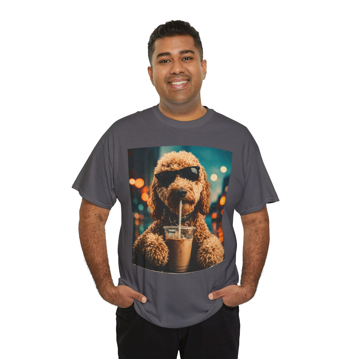 Dog with Coffee T-Shirt — Cool Poodle Drinking Iced Coffee Graphic Tee