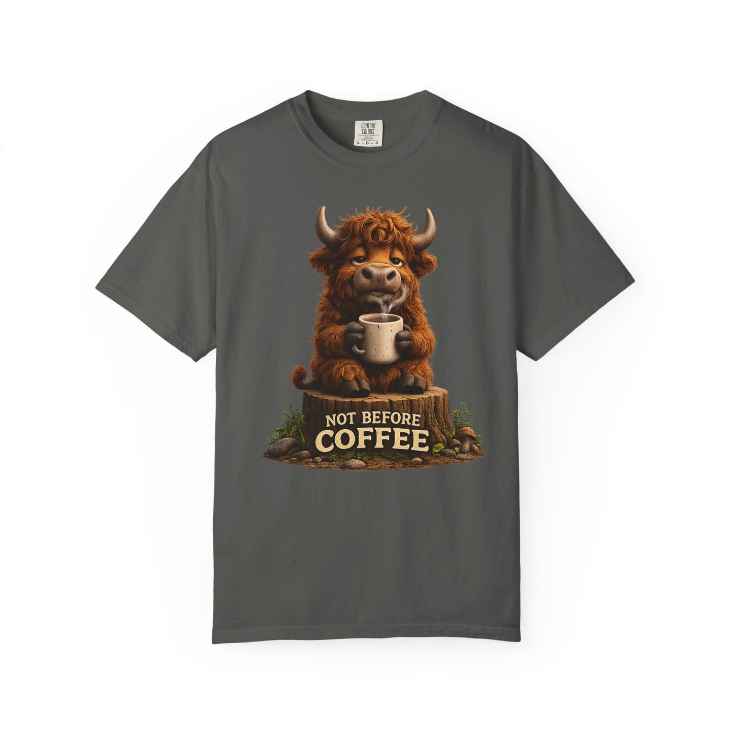 T-Shirt — Cute Highland Cow 'Not Before Coffee' Graphic Tee