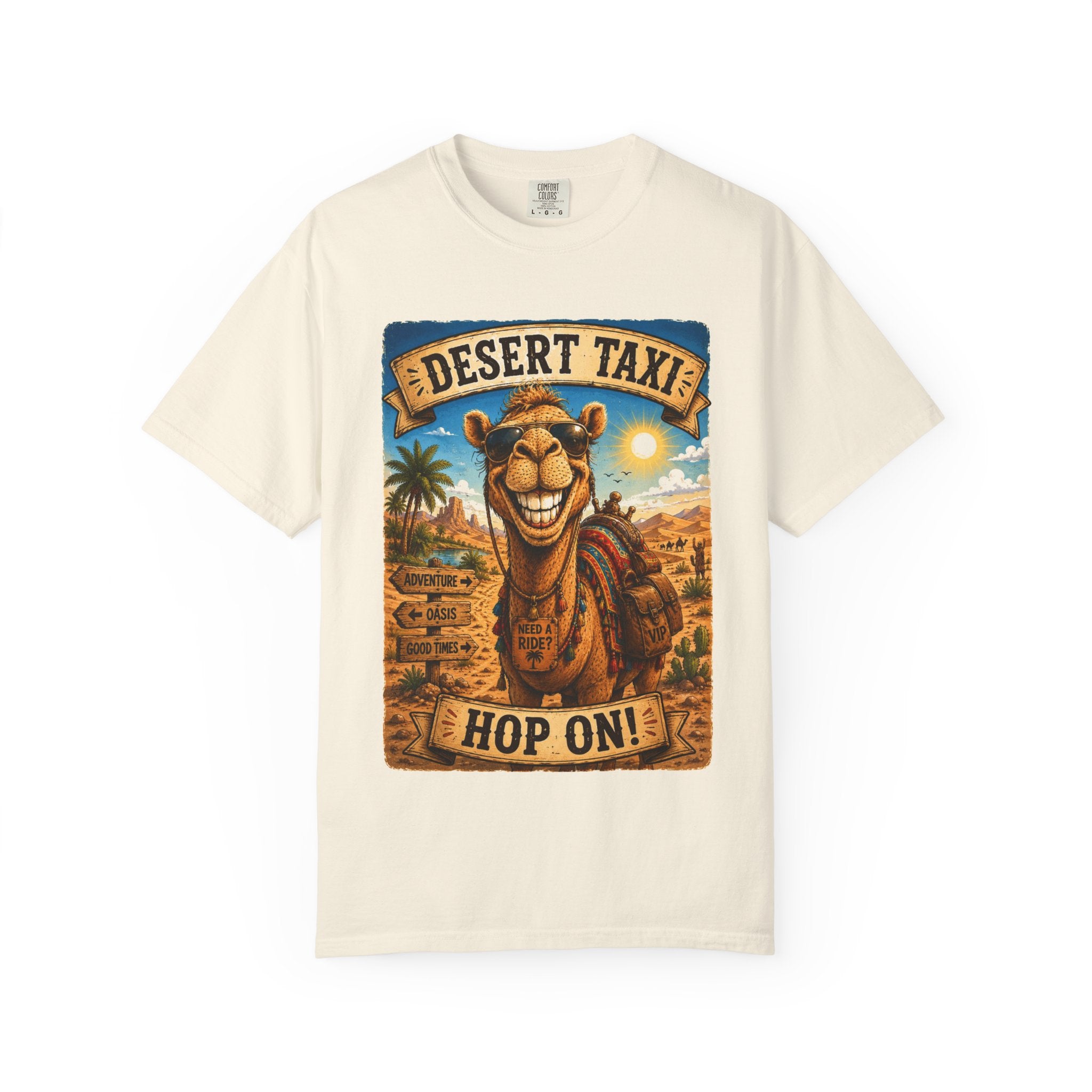 Desert Taxi Camel T-Shirt — 'Hop On!' Retro Desert Travel Tee