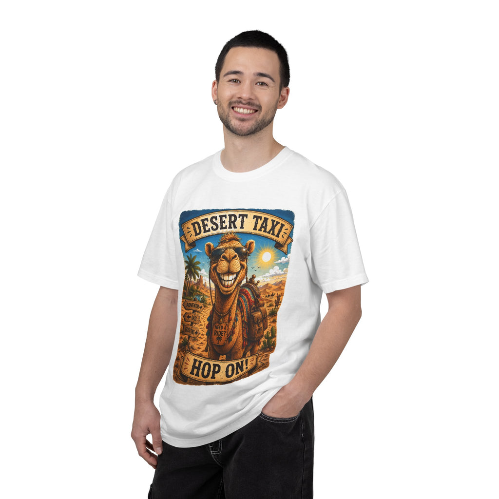 Desert Taxi Camel T-Shirt — 'Hop On!' Retro Desert Travel Tee