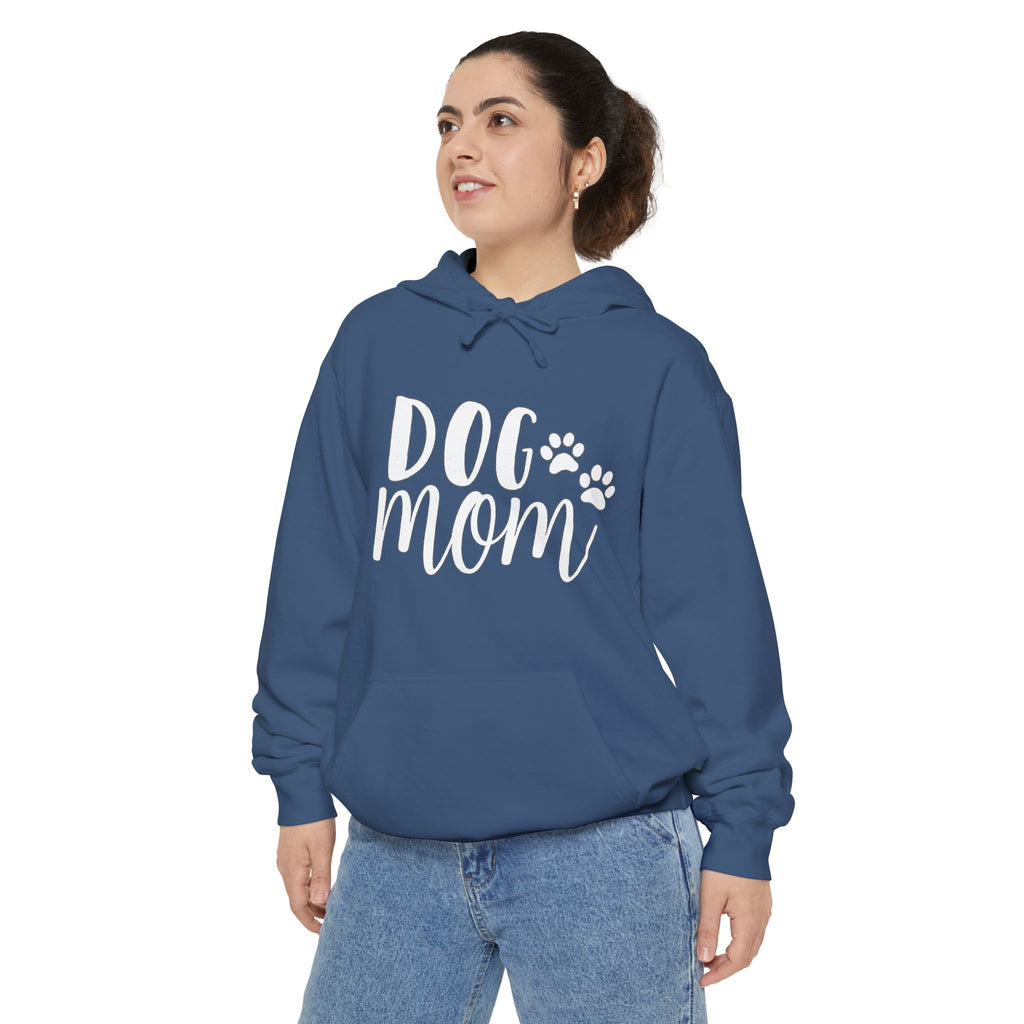 Dog Mom Hoodie — Cozy Garment-Dyed Pullover with Paw Print Script