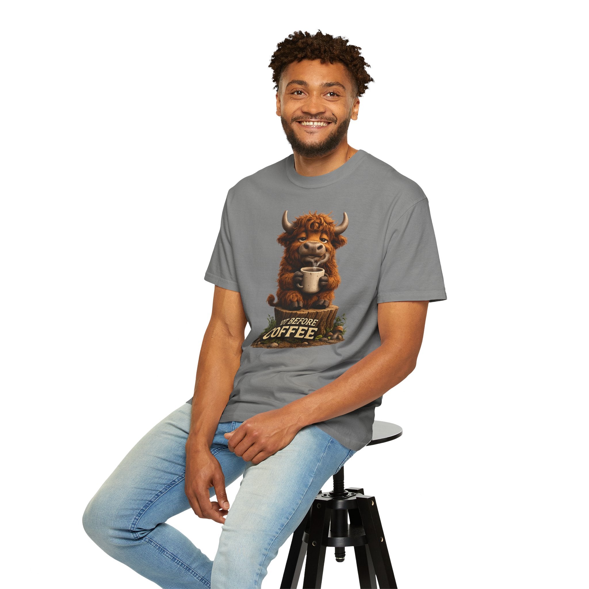 T-Shirt — Cute Highland Cow 'Not Before Coffee' Graphic Tee
