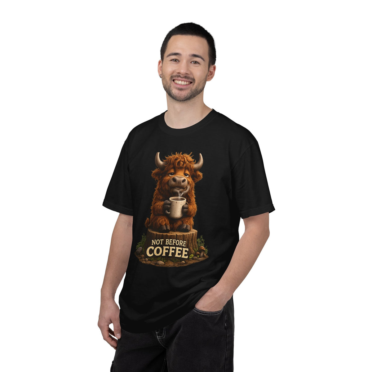 T-Shirt — Cute Highland Cow 'Not Before Coffee' Graphic Tee