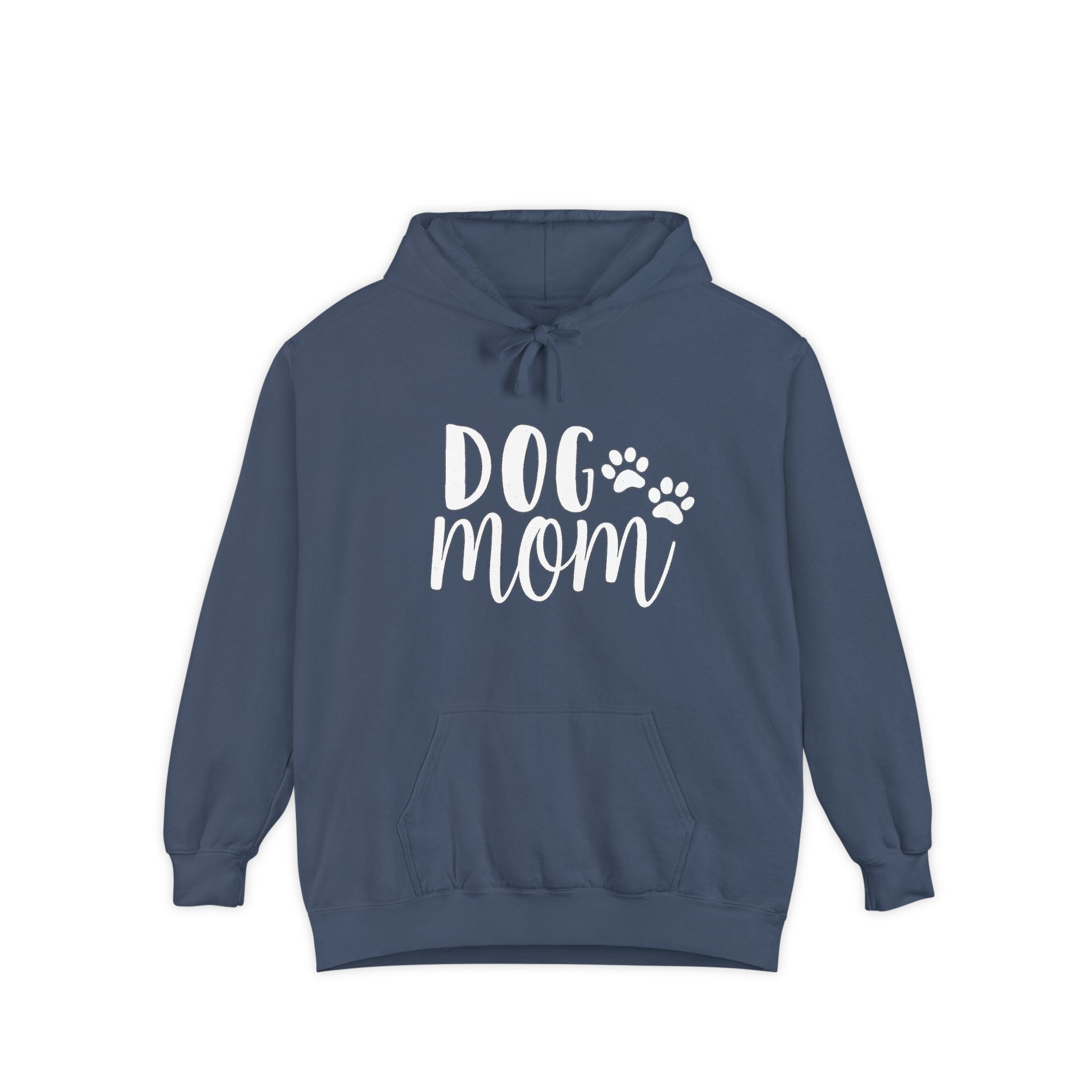 Dog Mom Hoodie — Cozy Garment-Dyed Pullover with Paw Print Script