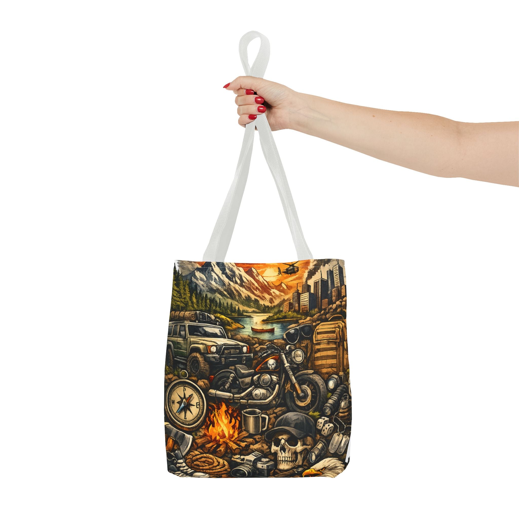 Adventure Motorcycle Tote Bag — Campfire Road Trip All-Over Print
