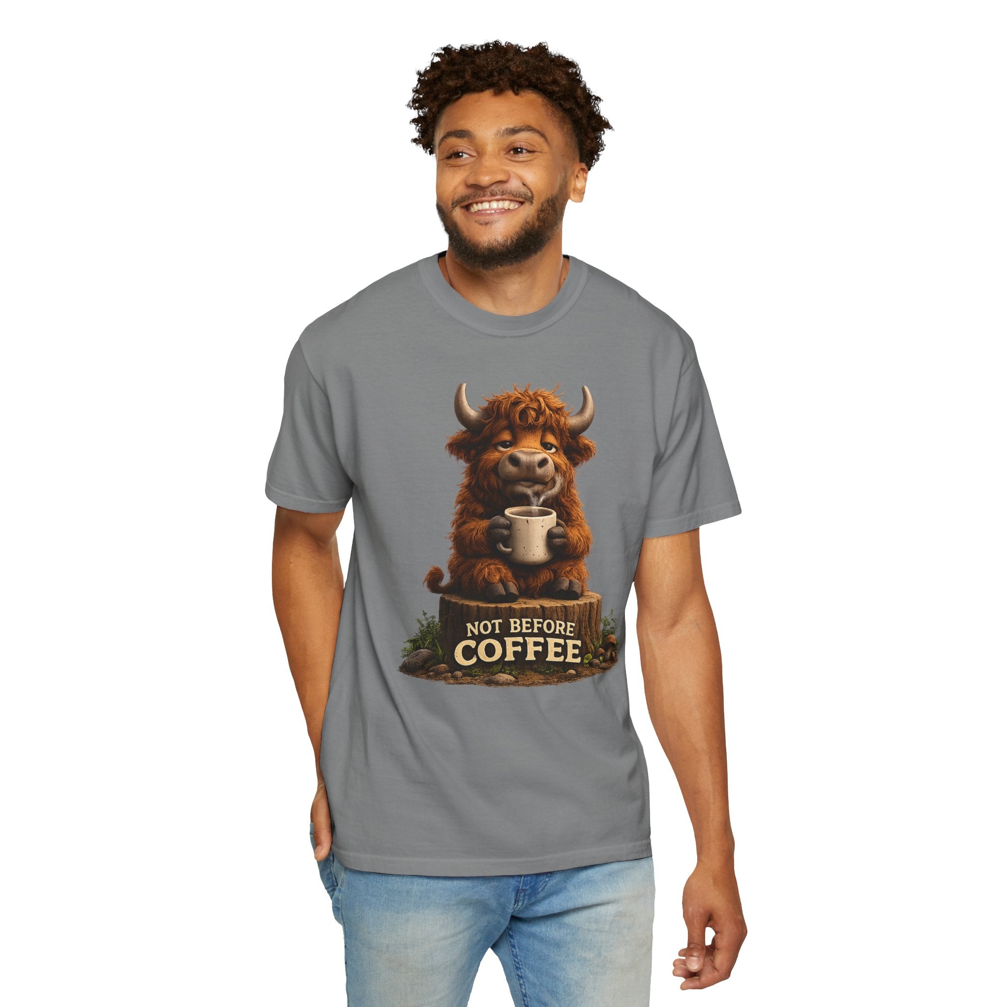 T-Shirt — Cute Highland Cow 'Not Before Coffee' Graphic Tee