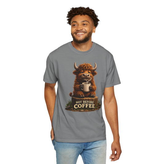 T-Shirt — Cute Highland Cow 'Not Before Coffee' Graphic Tee