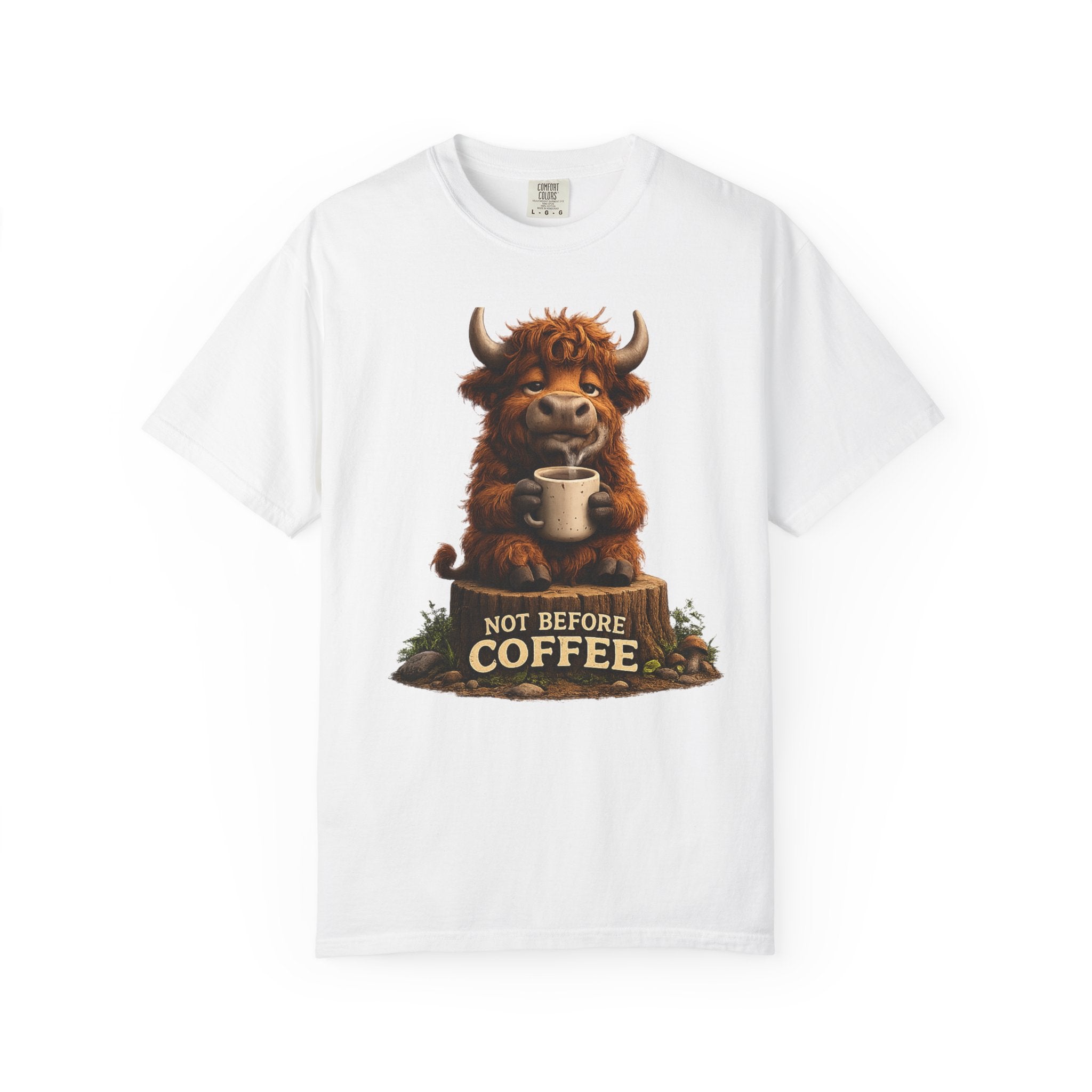 T-Shirt — Cute Highland Cow 'Not Before Coffee' Graphic Tee